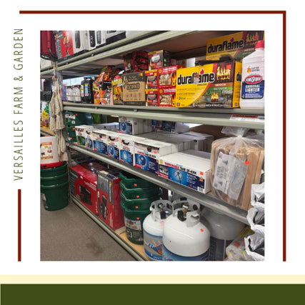 Heating & CoolingShelves at a farm and garden store display firewood, propane tanks, and cleaning supplies. The scene conveys a rustic, utilitarian atmosphere.