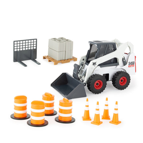 Tomy ERTL 1:16 Big Farm Bobcat Skid Loader Set (4 each of construction cones - barrels and cement blocks - wooden pallet)